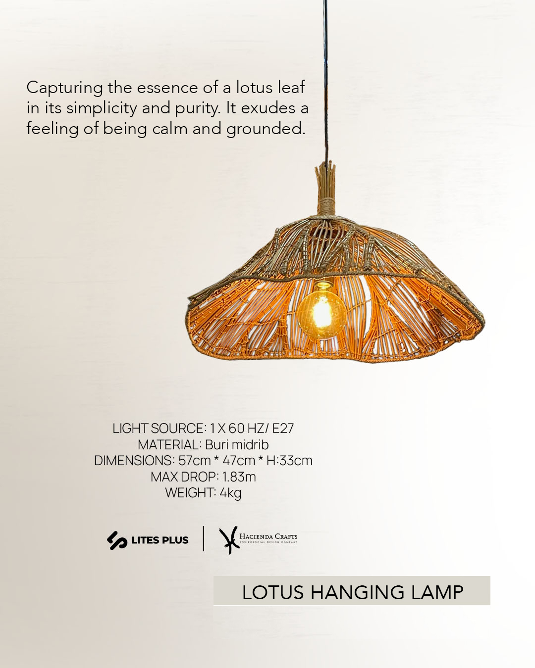 Lotus Hanging Lamp Small 570mm buri pendant light with black aluminum base and 3 meter suspension